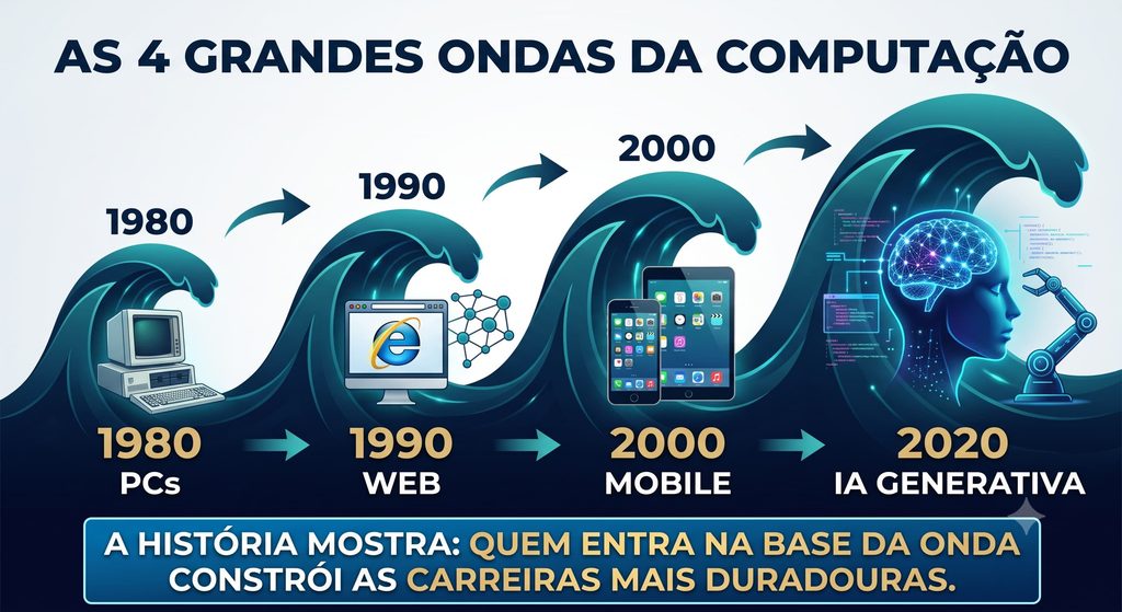 Infográfico ilustrando a linha do tempo "As 4 Grandes Ondas da Computação", destacando que quem entra na base da onda constrói as carreiras mais duradouras. 