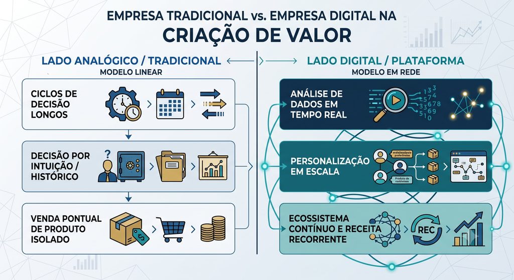 Infográfico ilustrando como a economia digital transforma a criação de valor nos negócios.